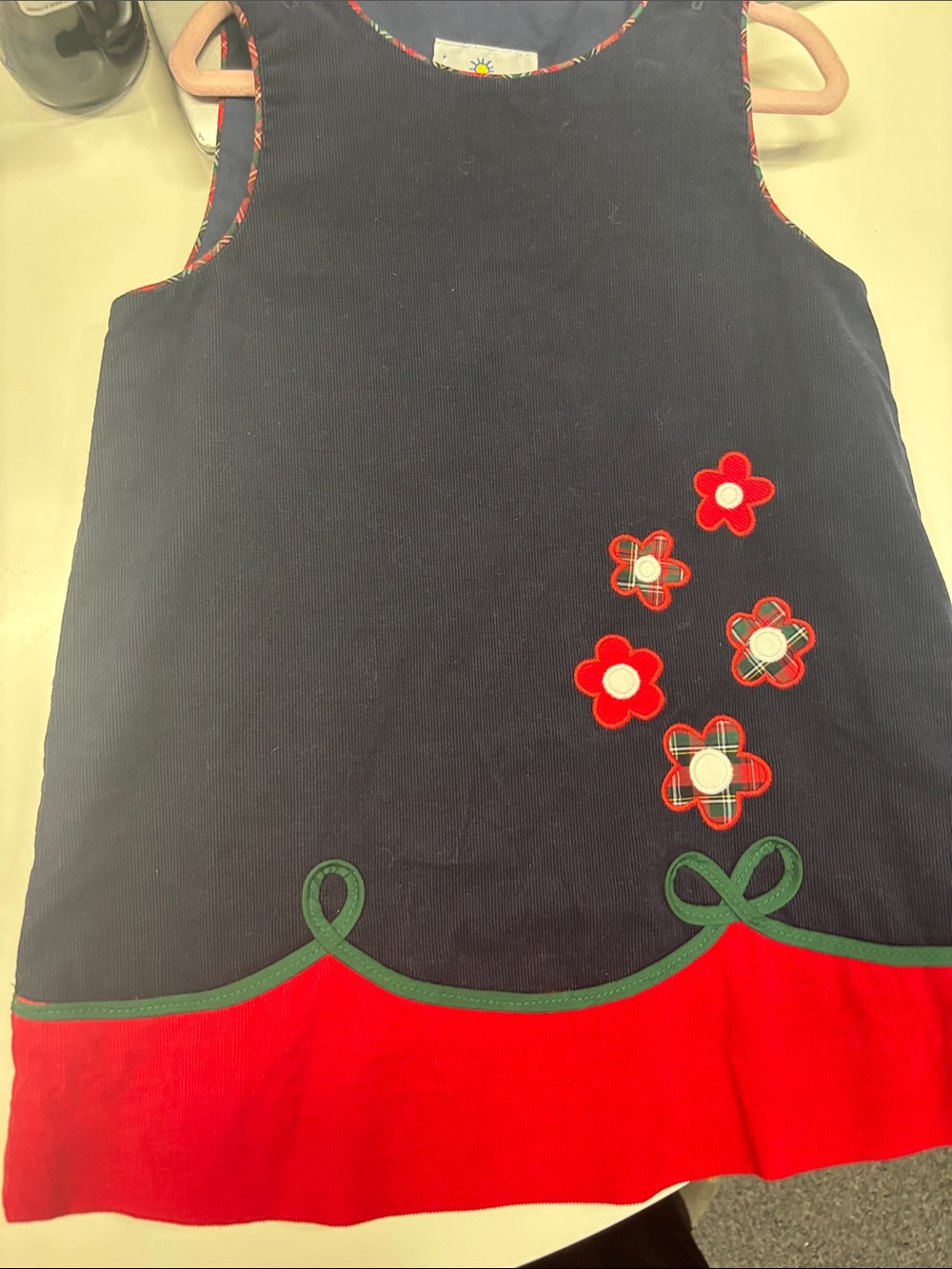 Florence Eiseman Navy, Red & Green Flower Appliqué Corduroy Dress